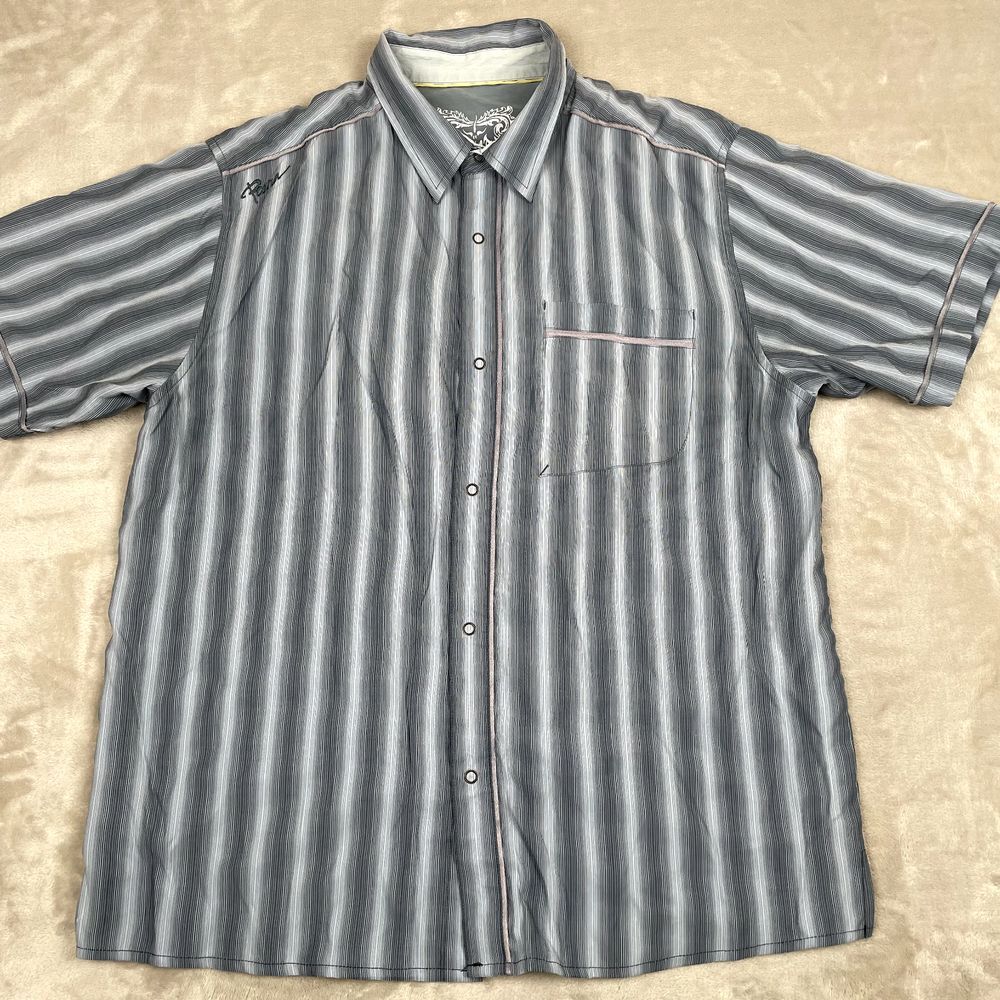Prana Shirt Mens XL Blue Cork Snap Hiking Performance Striped Organic Cotton